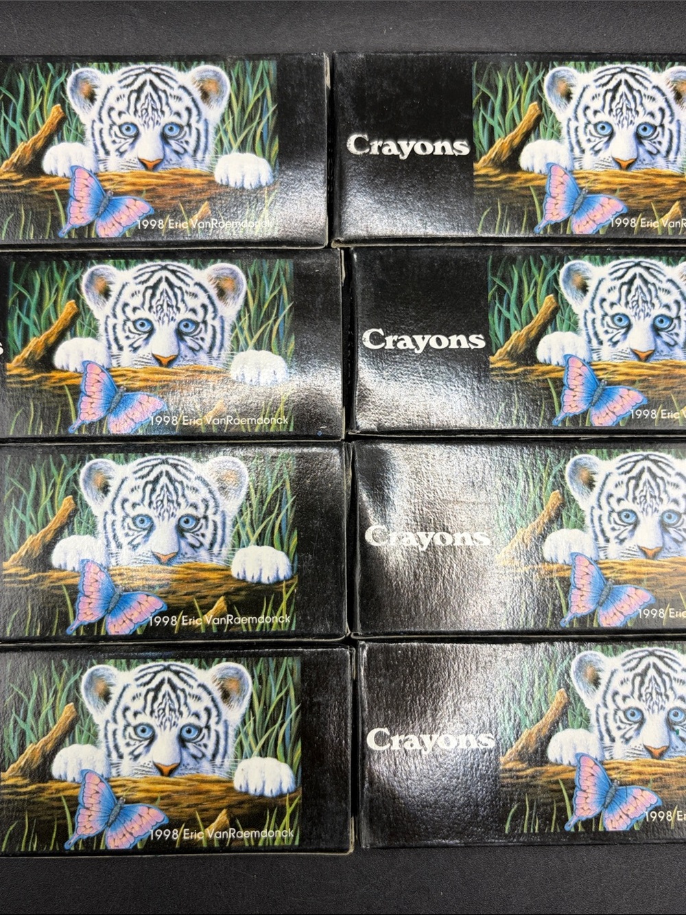 1998 Vintage 90s Eric VanRoembrock White Tiger Cub Motif Crayons, Original Boxes